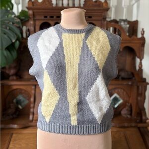 Retro Vintage Grey Knit Sweater Vest with Yellow & White Size Large